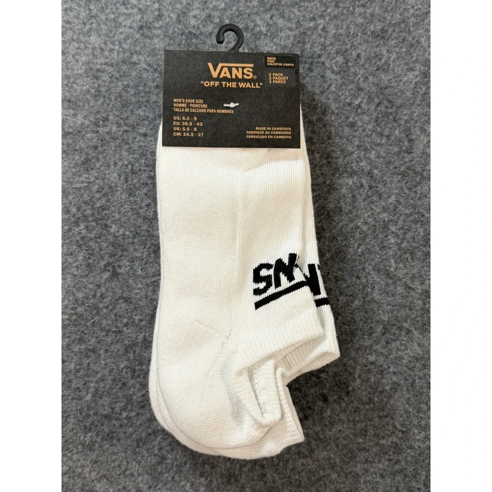 Vans Off The Wall Kick No Show Socks Men's Size 6.5-9 White NWT 3 Pack Logo